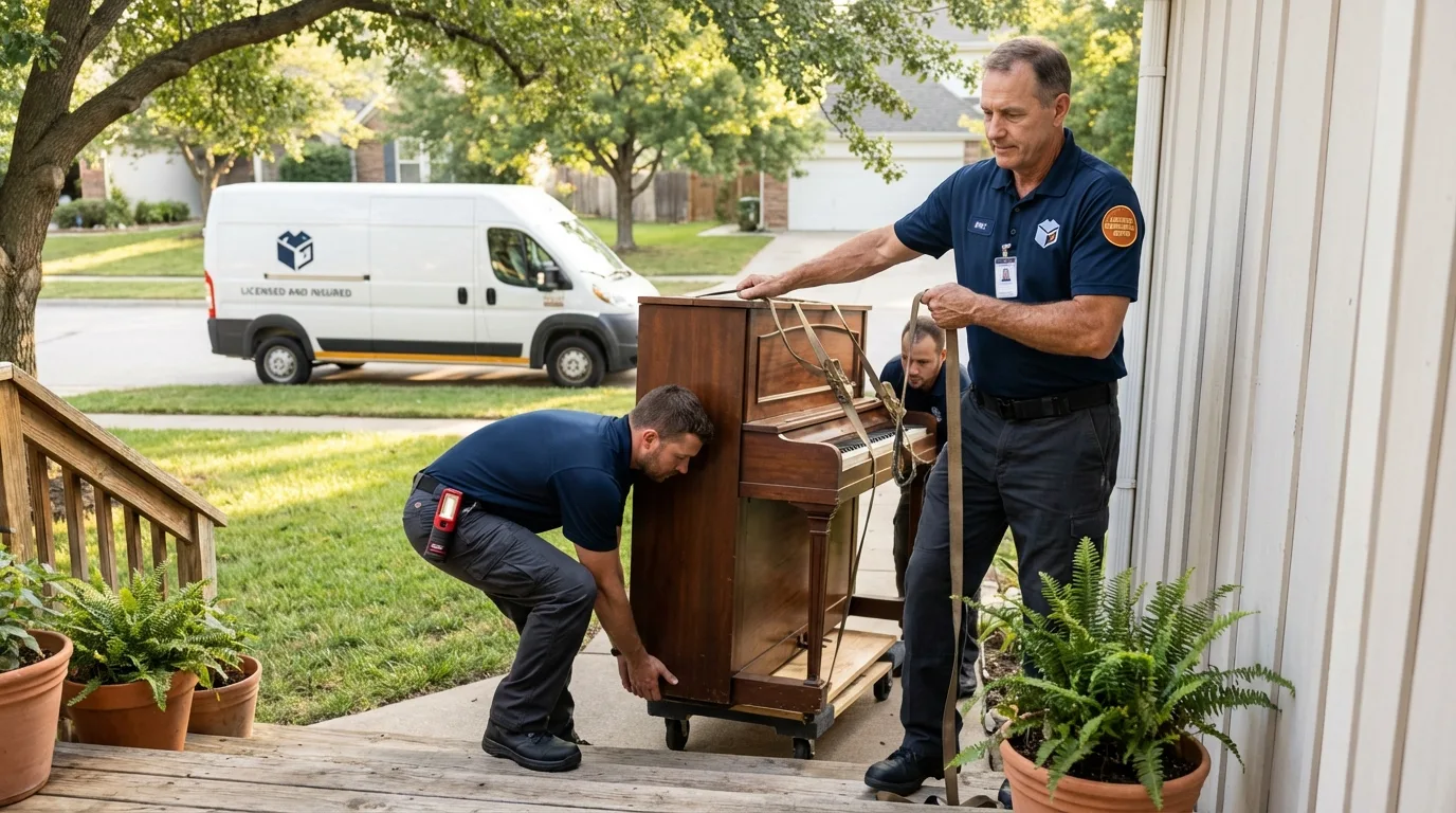 Licensed piano movers securing grand piano in Three Forks, MT
